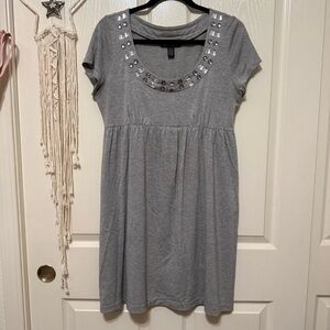 INC Silver Metallic Sparkle Dress with Jeweled Neckline Size P/S